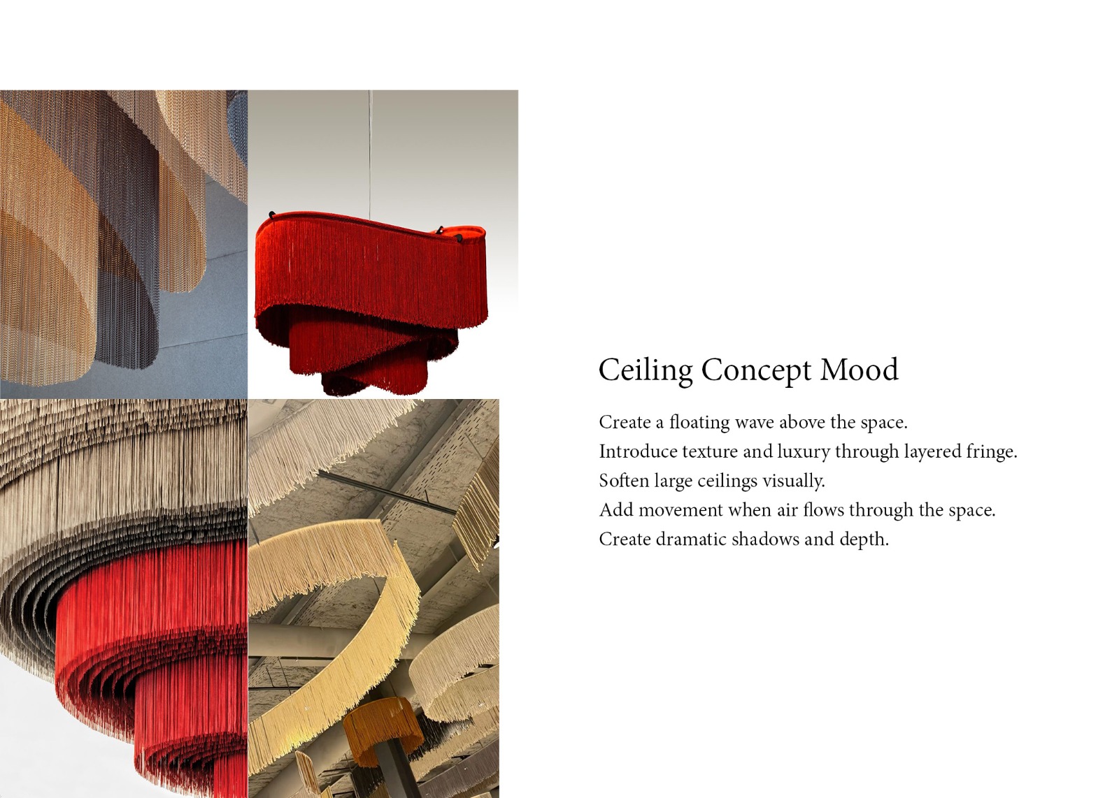 Beach club ceiling concept mood board, fringe textures