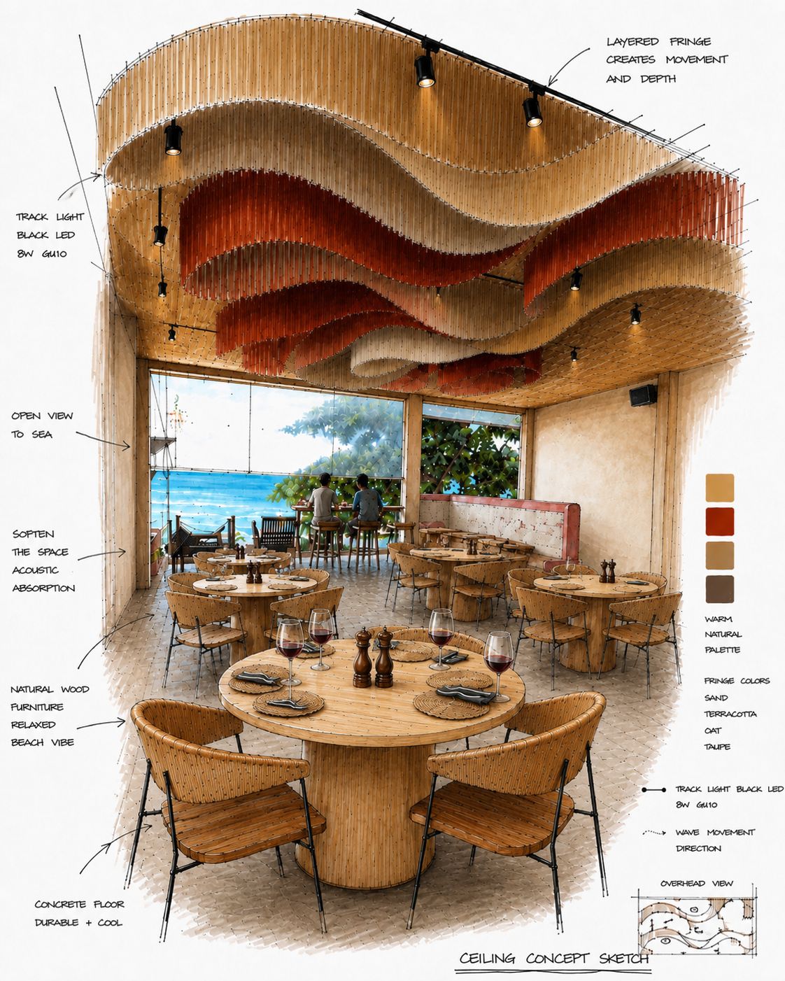 Beach club ceiling concept sketch, layered bamboo fringe design